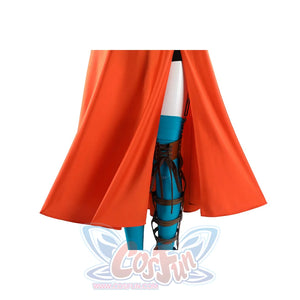 Ida cosplay orange dress lower half showing flared skirt with blue stocking and brown leg brace underneath