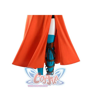 Ida cosplay orange dress lower half showing flared skirt with blue stocking and brown leg brace underneath