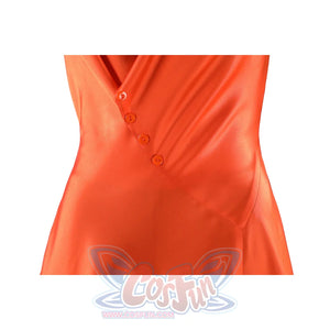 Ida cosplay orange satin dress close-up showing diagonal button placket and fitted waist on mannequin