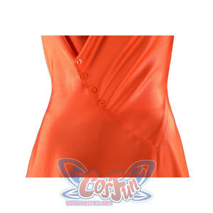 Ida cosplay orange satin dress close-up showing diagonal button placket and fitted waist on mannequin