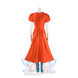 Ida cosplay full costume back view on mannequin showing orange dress, blue stockings, and red boots