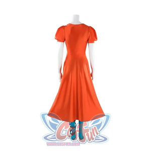 Ida cosplay full costume back view on mannequin showing orange dress, blue stockings, and red boots