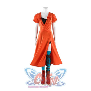 Ida cosplay full costume on mannequin showing orange dress, blue stockings, red boots, and leg brace