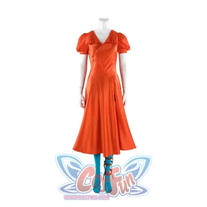 Ida cosplay full costume front view on mannequin showing orange dress, blue stockings, and red boots