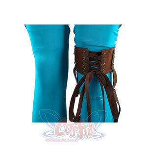 Ida cosplay brown leather leg brace close-up showing lace-up buckle detail against blue stocking