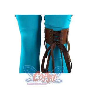 Ida cosplay brown leather leg brace close-up showing lace-up buckle detail against blue stocking