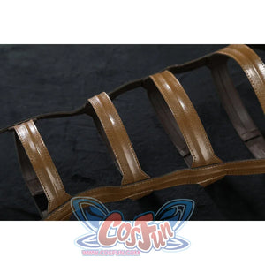 Ida cosplay brown leather leg brace accessory showing horizontal strap bands texture on dark background