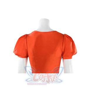 Ida cosplay orange satin dress back view showing puff sleeves and neckline detail on white mannequin