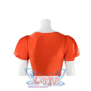 Ida cosplay orange satin dress back view showing puff sleeves and neckline detail on white mannequin