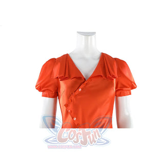 Ida cosplay orange dress front detail showing button closure, lapel collar, and puff sleeves on mannequin