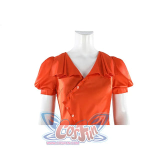 Ida cosplay orange dress front detail showing button closure, lapel collar, and puff sleeves on mannequin