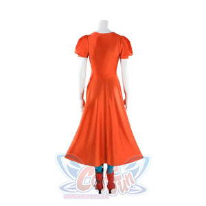 Ida cosplay orange satin dress shown from back on mannequin with blue stockings and red boots