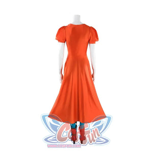Ida cosplay orange satin dress shown from back on mannequin with blue stockings and red boots