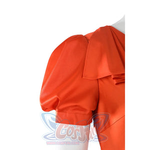 Ida cosplay orange dress close-up of puff sleeve and shoulder collar detail on mannequin