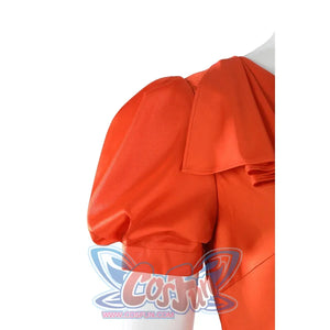 Ida cosplay orange dress close-up of puff sleeve and shoulder collar detail on mannequin