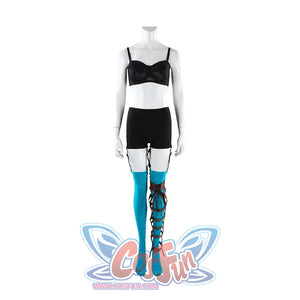 Ida cosplay costume undergarments on mannequin with black bra, shorts, blue stocking, and leg brace
