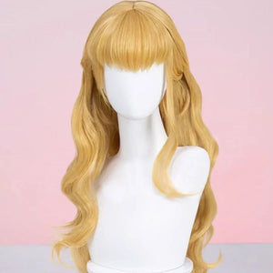 Front view of Magik Illyana blonde cosplay wig from Game Rivals, with soft curls and blunt bangs