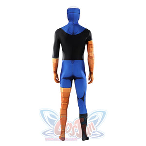 Invincible cosplay costume back view, showing blue black jumpsuit with orange arm and leg accents