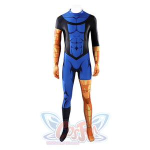 Invincible cosplay jumpsuit front view without mask, blue black bodysuit with orange armor print accents