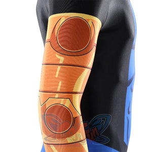 Invincible cosplay jumpsuit right arm close-up, orange printed sleeve with circular disc armor design accents
