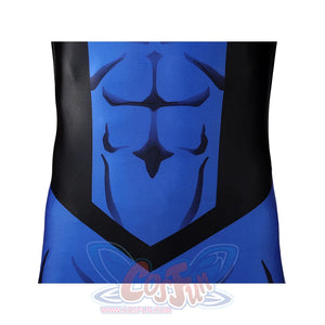 Invincible cosplay jumpsuit torso close-up showing blue panel with 3D muscle print and black V-design