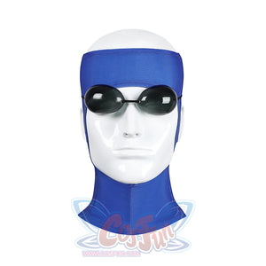 Invincible cosplay mask close-up, blue fabric hood with black oval goggles on mannequin head