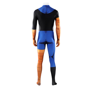 The mark cosplay costume features an overall black and deep blue color scheme, print with metal armor design, back view.