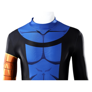The costume features a stand-up collar, with muscle-print detailing on the chest that creates a three-dimensional effect.