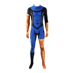 The outfit features an overall black and deep blue color scheme, print with metal armor design.