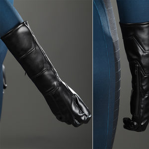 Sue Storm cosplay costume black gloves detail showing textured stitching and blue bodysuit pairing