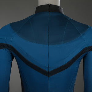 Sue Storm cosplay costume back detail with black collar and blue V-shaped panel construction