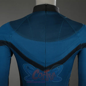 Sue Storm cosplay costume back detail with black collar and blue V-shaped panel construction