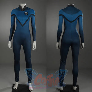 Sue Storm cosplay costume bodysuit front and back views featuring blue design without accessories