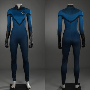 Sue Storm cosplay costume detailed views showing front with Fantastic Four logo and back design