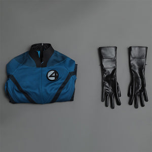 Sue Storm cosplay costume complete set layout featuring folded blue jumpsuit and black gloves