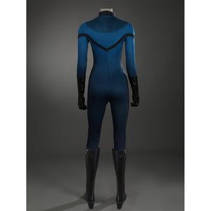 Sue Storm cosplay shoes back view on mannequin displaying black knee-high boots with costume styling