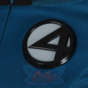 Detailed close-up of Fantastic Four emblem on Sue Storm cosplay costume with textured blue fabric