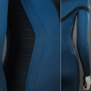 Sue Storm cosplay costume detailed fabric panels showing blue and black color blocking and texture