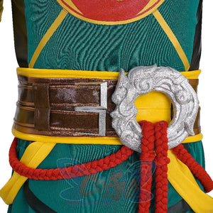 Belt of the Sword Master Iron Fist costum-featuring a silver dragon-styled buckle, brown leather straps, and red braided cords against the green-textured fabric.