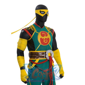 A mannequin wears an Iron Fist cosplay costume with a yellow mask, yellow wrist wraps, a green top with a red and yellow emblem, and a belt with a silver ornament.
