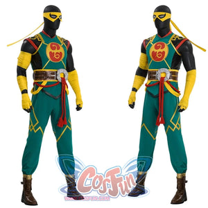 Two mannequins are dressed in complete Iron Fist cosplay costumes, showcasing the full outfit including masks, wrist wraps, belts, and green pants with yellow patterns.