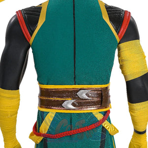 Presents the back of the Sword Master Iron Fist costume, displaying the green-toned back panel, yellow-edged straps, brown leather belt, and red decorative cords.