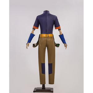 JOJO Bizarre Adventure Gyro Zeppeli Cosplay Costume, brown pants with a dark blue patch inside of the knee, back view.