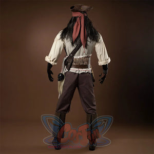 Jack Sparrow Cosplay Costume back side view, there is a beige shirt inside, a belt with multiple ornaments tied around the waist, pants of the same color, a pirate hat.