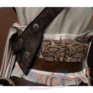 Jack Sparrow Cosplay Costume belt back view, it has snakeskin pattern belt, brown PU leather belt belt and shoulder strap with complex patterns.