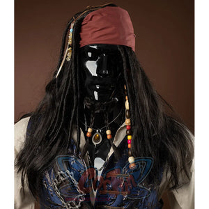 Jack Sparrow Cosplay Costume wear a red kerchief, there are some accessories such as beads and feathers.