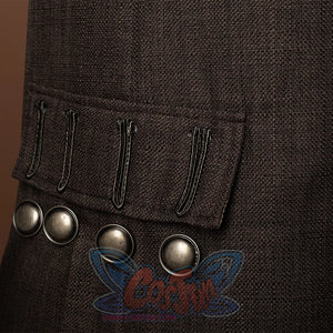 Jack Sparrow Cosplay Costume has a dark brown long jacket with four matte copper buckles below the pocket.