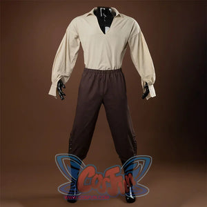 Jack Sparrow Cosplay Costume has a beige shirt inside with large V-neck, pants is brown color, there are metal buckle decorations on the trouser legs.