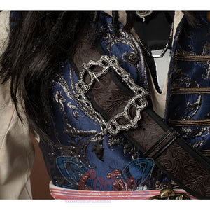 Jack Sparrow Cosplay Costume has a blue vest with complex patterns, accessorize with a belt , including some metal elements.