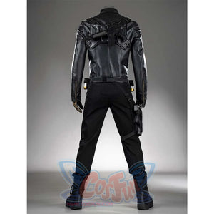 The back view of the James Barnes cosplay costume, showcasing the design of the black leather jacket and the tactical belt from behind.